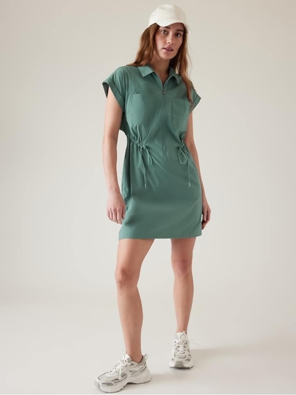 NWOT Athleta Sage Green Polo Drawstring Mini Dress dip ocean teal travel green